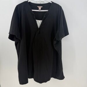 White Stag TShirt Womens 4X Black Floral Embroidered Henley Cottagecore Everyday